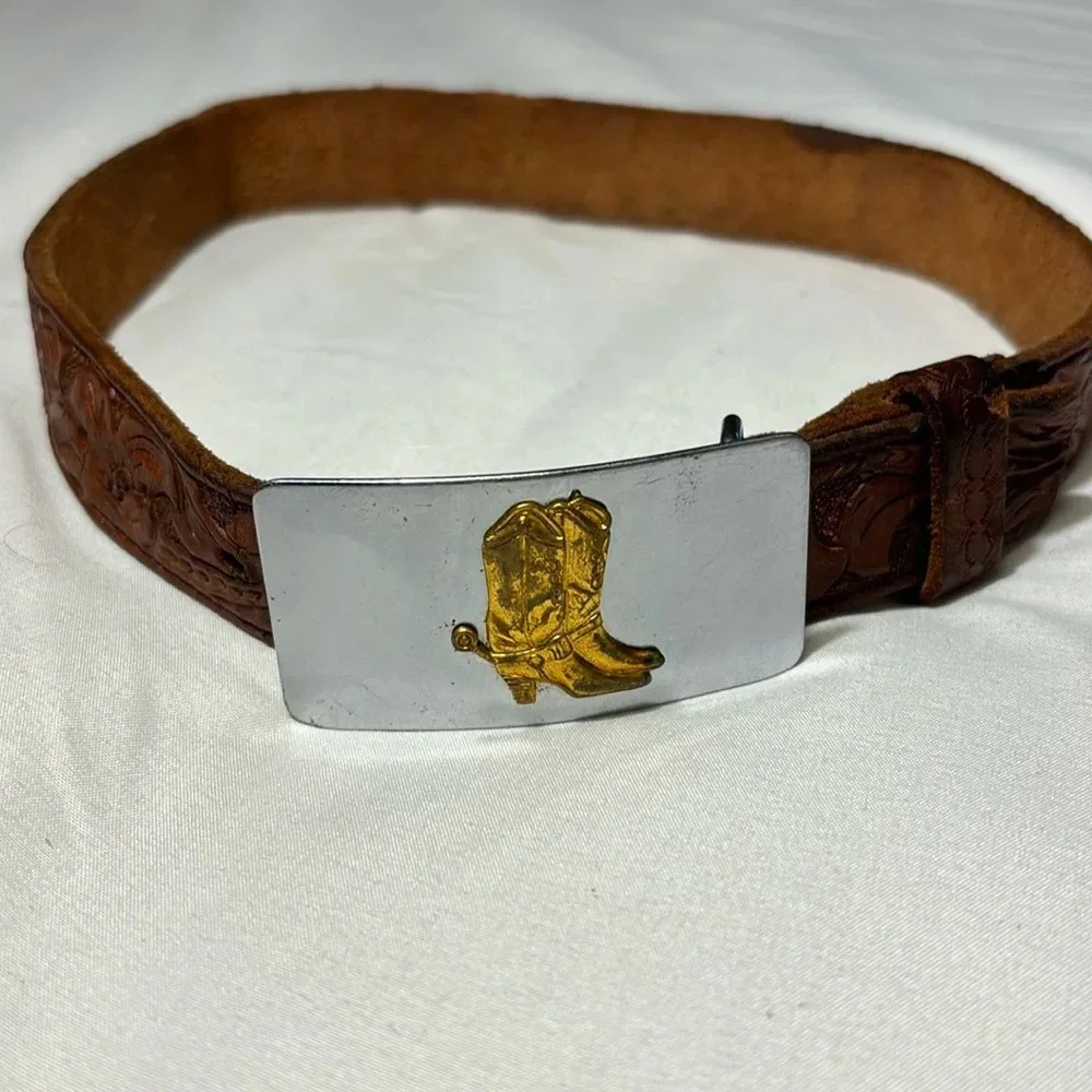Vintage COWBOY BOOTS Belt Buckle and Leather Belt